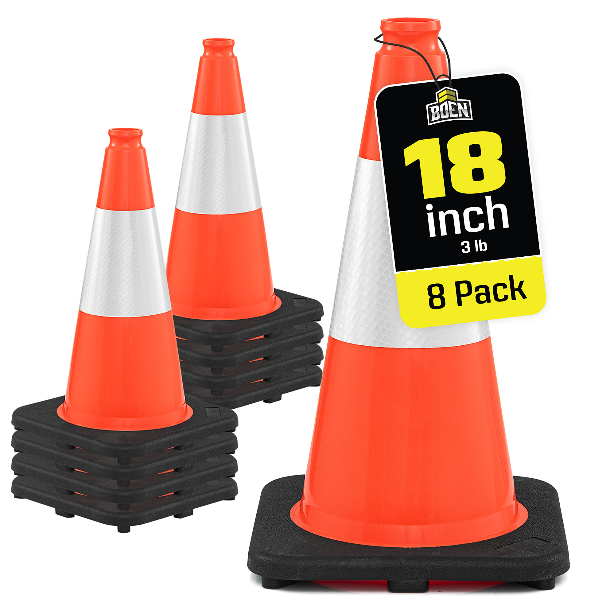 Boen 18 in, Orange Traffic Cone, 8-Pack, High-Visibility Safety Cones with Reflective Collar & Heavy-Duty Base for Parking, Events & Traffic Control